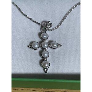 Sunflower Garden Faux Pearl Cross Pendant Necklace With 18in Silver Tone Chain